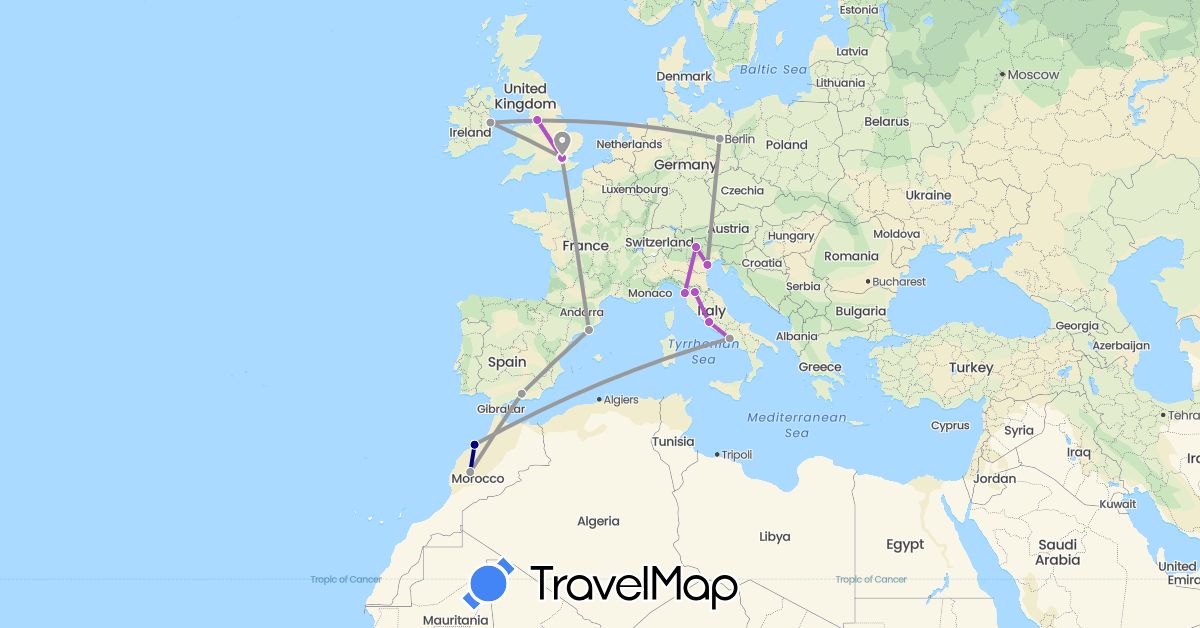 TravelMap itinerary: driving, plane, train in Germany, Spain, United Kingdom, Ireland, Italy, Morocco (Africa, Europe)