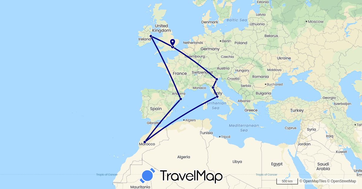 TravelMap itinerary: driving in Spain, United Kingdom, Ireland, Italy, Morocco (Africa, Europe)